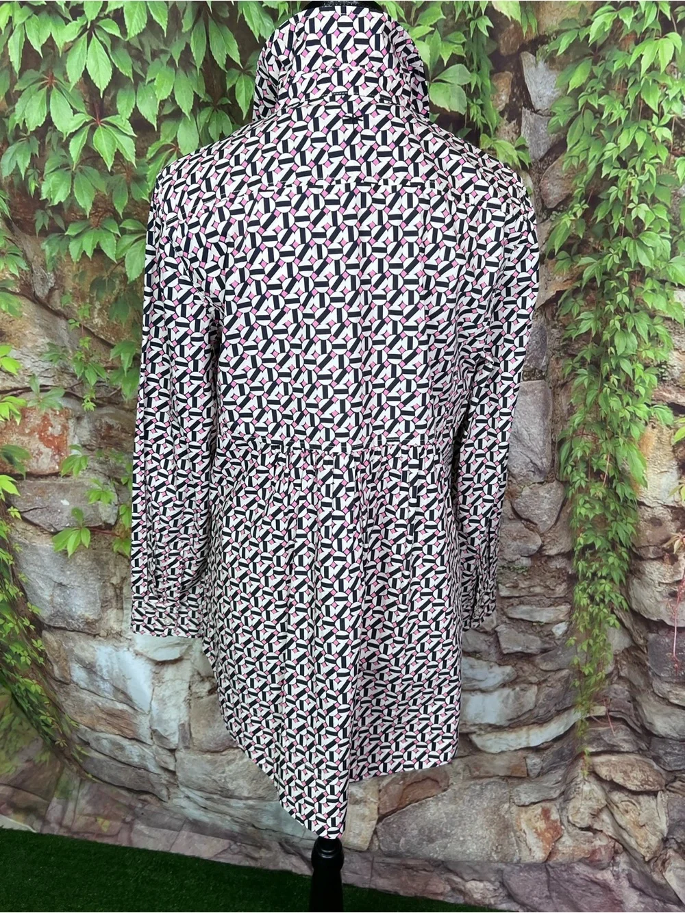 TYLER BOE Navy, Pink, and Cream Preppy Covered Button Front Pleated Yoke Top, 8 - Picture 9 of 16